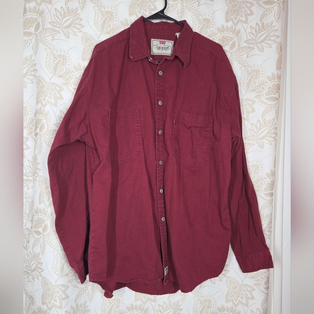 Men's Red Denim Shacket XL Long Sleeve Button Down Shirt Chore Trucker 90s EUC